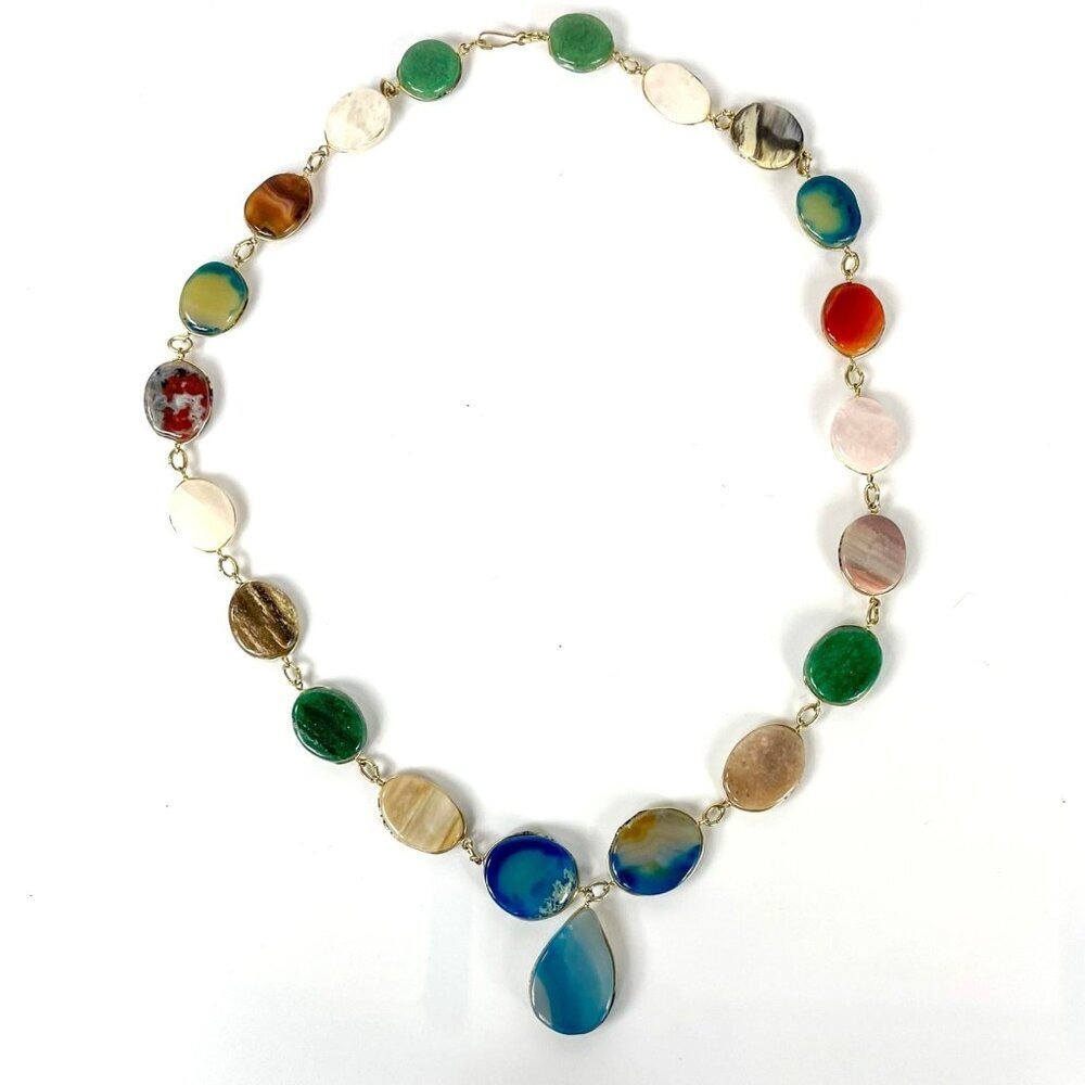 Statement Multicolor Oval Stones Agate Necklace With Teardrop Pendant - Picture 2 of 4